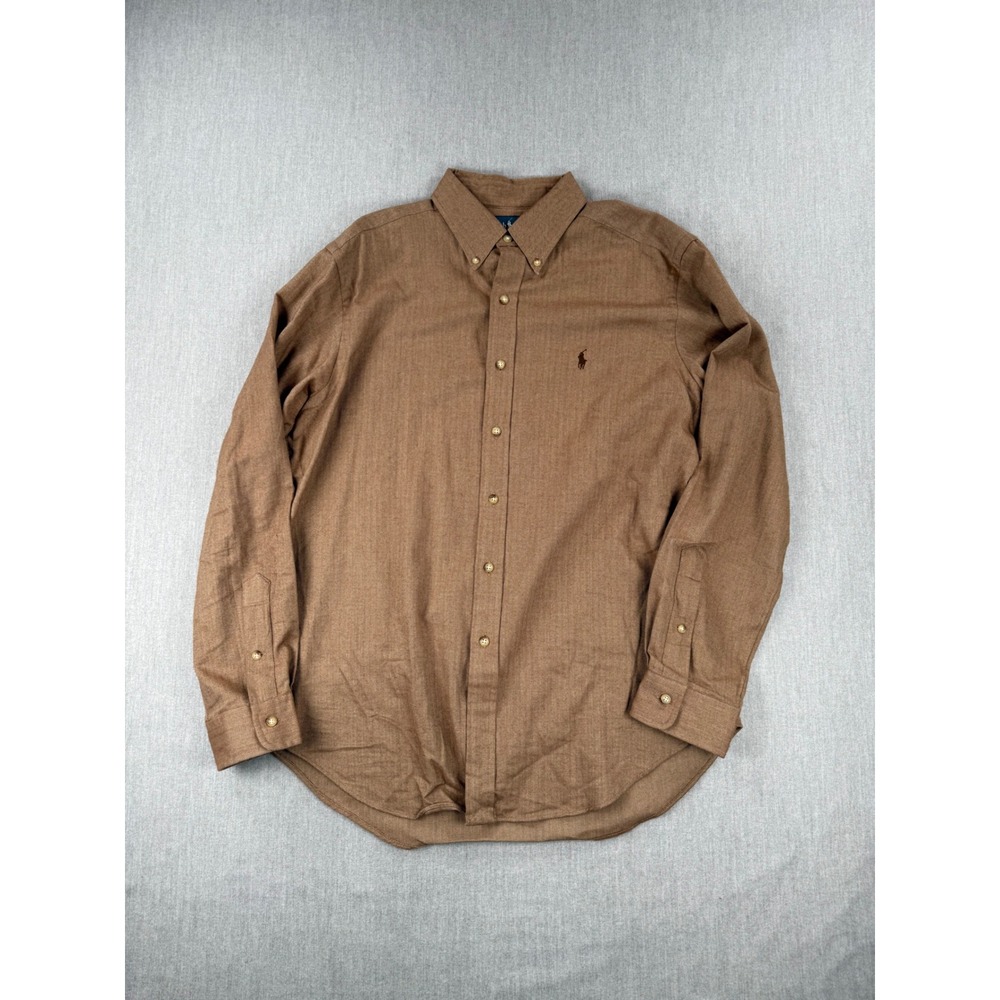 Polo Ralph Lauren Mens Brown Herringbone Classic Fit Button Down Shirt Large